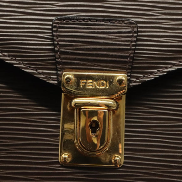 FENDI Clutch Bag Leather Dark Brown Gold Auth BA4627