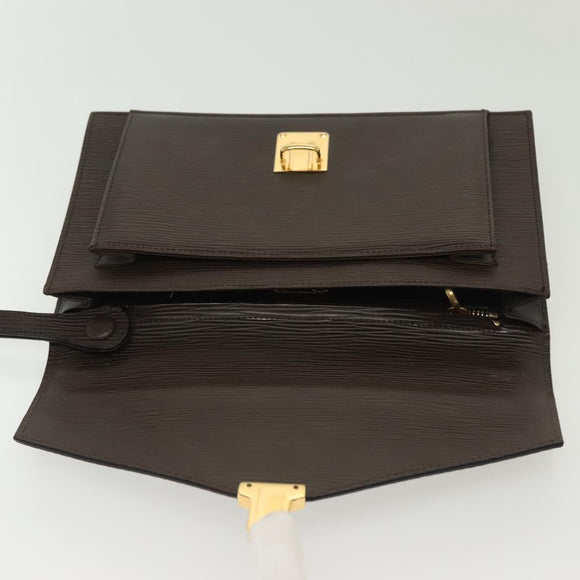 FENDI Clutch Bag Leather Dark Brown Gold Auth BA4627