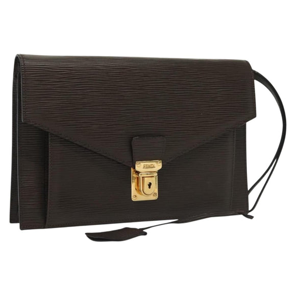 FENDI Clutch Bag Leather Dark Brown Gold Auth BA4627