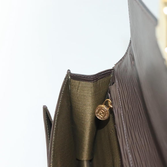 FENDI Clutch Bag Leather Dark Brown Gold Auth BA4627