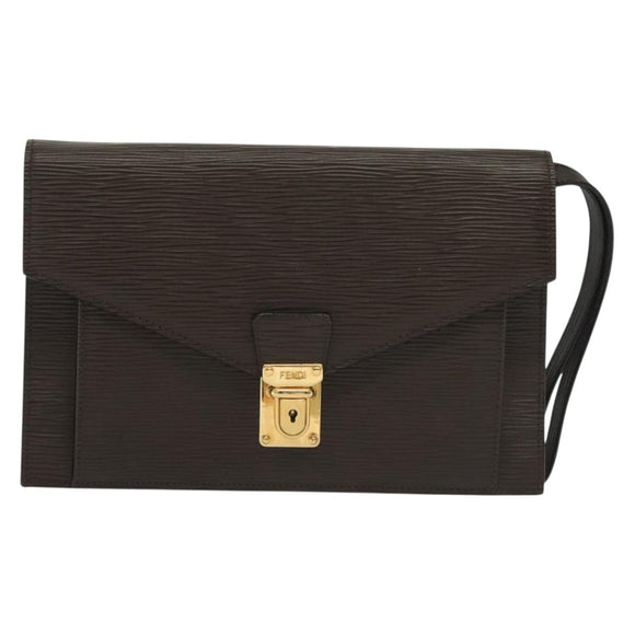 FENDI Clutch Bag Leather Dark Brown Gold Auth BA4627