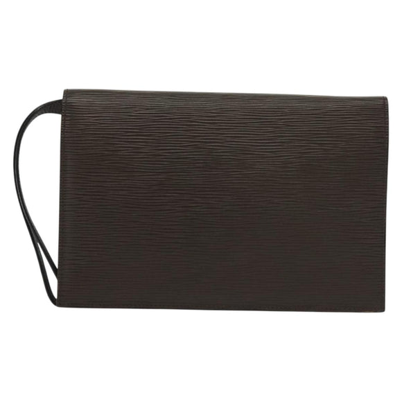 FENDI Clutch Bag Leather Dark Brown Gold Auth BA4627