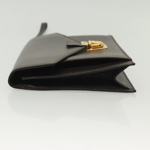 FENDI Clutch Bag Leather Dark Brown Gold Auth BA4627