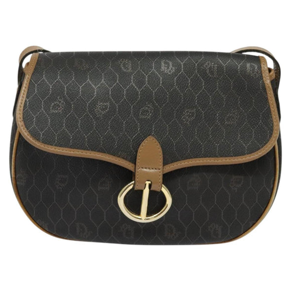 Christian Dior Honeycomb Canvas Shoulder Bag PVC Black Gold Auth BA4665