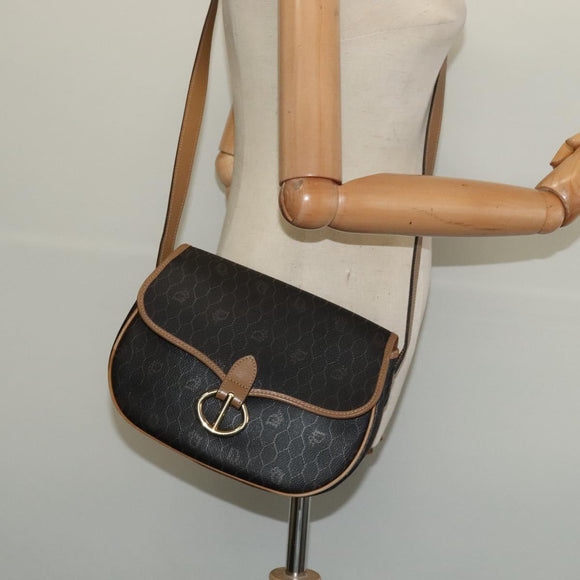Christian Dior Honeycomb Canvas Shoulder Bag PVC Black Gold Auth BA4665