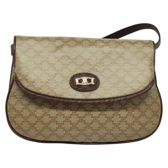 CELINE Macadam Canvas Shoulder Bag Beige Gold Auth BA4671
