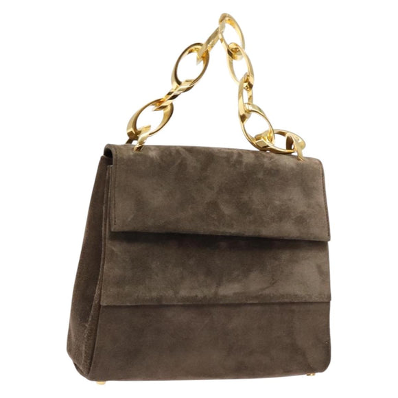 Salvatore Ferragamo Chain Hand Bag Suede Gray Gold Auth BA4690
