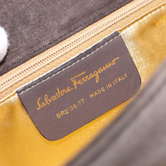 Salvatore Ferragamo Chain Hand Bag Suede Gray Gold Auth BA4690