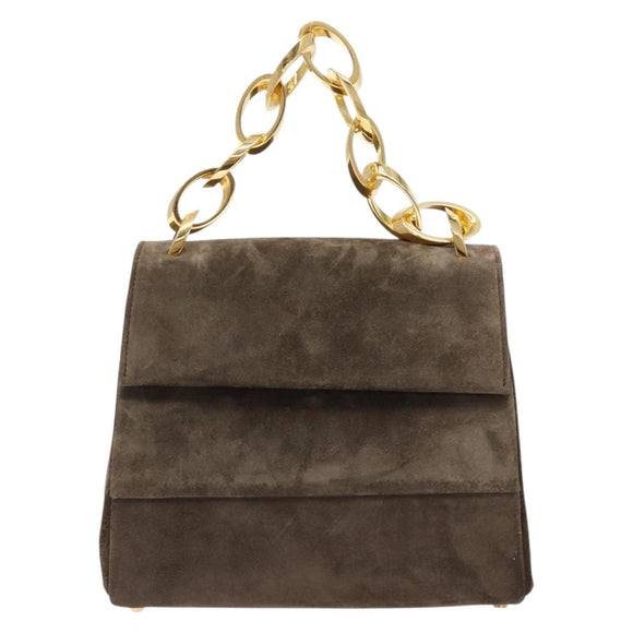 Salvatore Ferragamo Chain Hand Bag Suede Gray Gold Auth BA4690