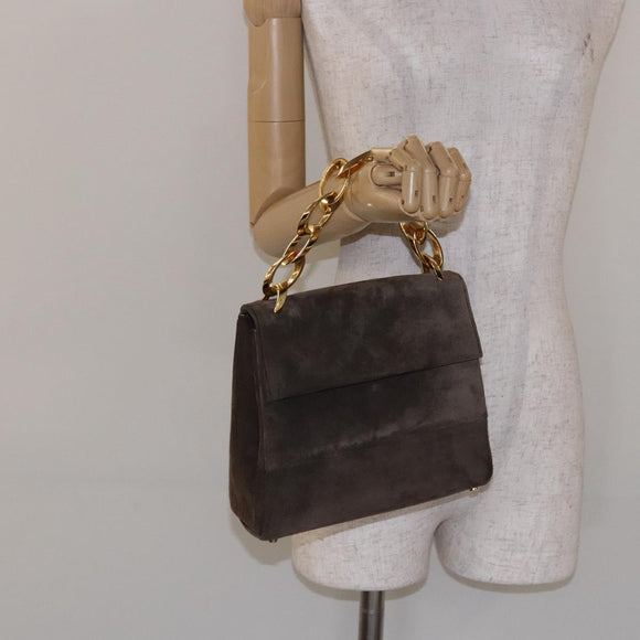 Salvatore Ferragamo Chain Hand Bag Suede Gray Gold Auth BA4690