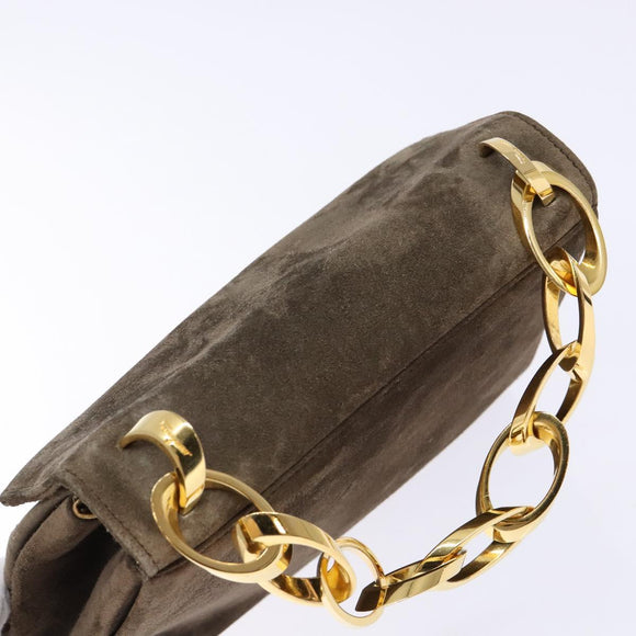 Salvatore Ferragamo Chain Hand Bag Suede Gray Gold Auth BA4690