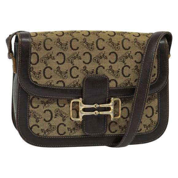 CELINE C Sulky Horsebit Shoulder Bag Canvas Leather Brown Gold Auth BA4723