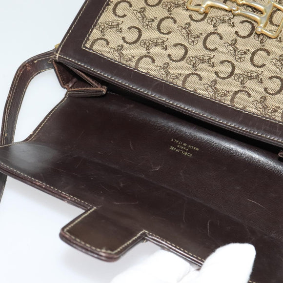 CELINE C Sulky Horsebit Shoulder Bag Canvas Leather Brown Gold Auth BA4723