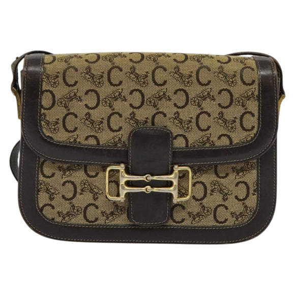 CELINE C Sulky Horsebit Shoulder Bag Canvas Leather Brown Gold Auth BA4723