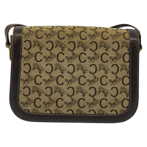 CELINE C Sulky Horsebit Shoulder Bag Canvas Leather Brown Gold Auth BA4723