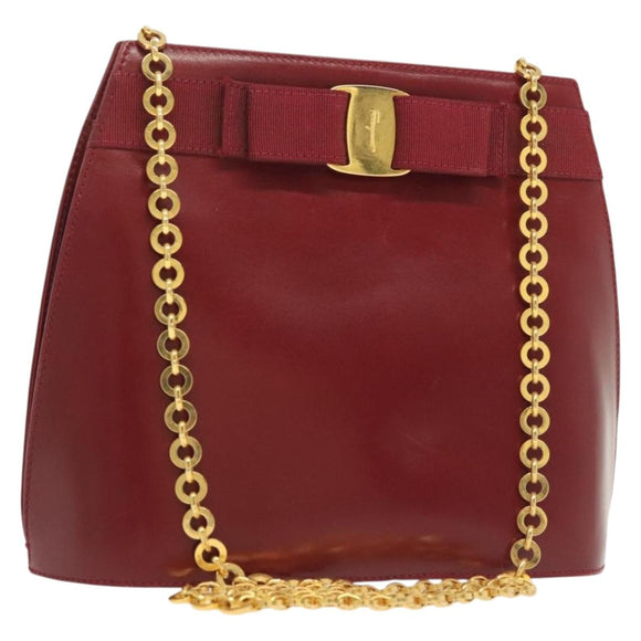 Salvatore Ferragamo Vala Chain Shoulder Bag Leather Bordeaux Gold Auth BA4735