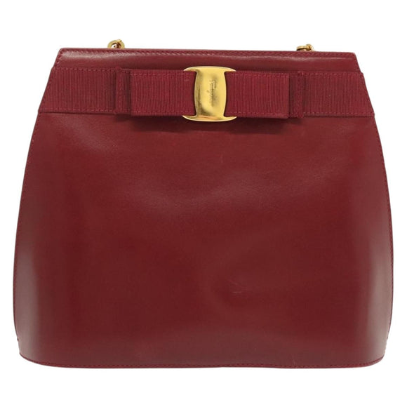 Salvatore Ferragamo Vala Chain Shoulder Bag Leather Bordeaux Gold Auth BA4735