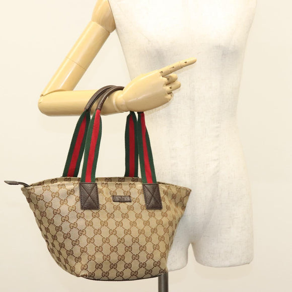 GUCCI GG Canvas Web Sherry Line Tote Bag Gold Beige 131228 Auth BA4742