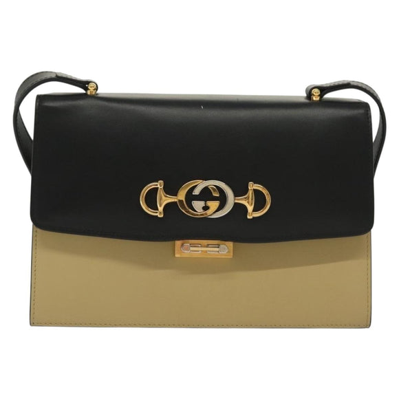 GUCCI Horsebit Zumi Shoulder Bag Leather Beige Gold Silver 576388 Auth BA4748