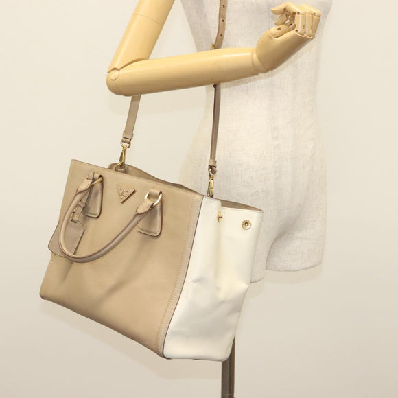 PRADA Hand Bag Safiano Leather 2way Beige Gold Auth BA4750