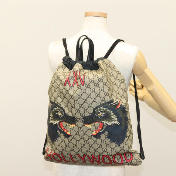 GUCCI GG Supreme Drawstring Backpack PVC Beige 473872 Auth BA4762