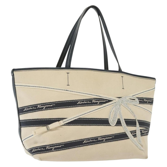 Salvatore Ferragamo Vala Vala Tote Bag Canvas Beige Navy Silver Auth BA4763