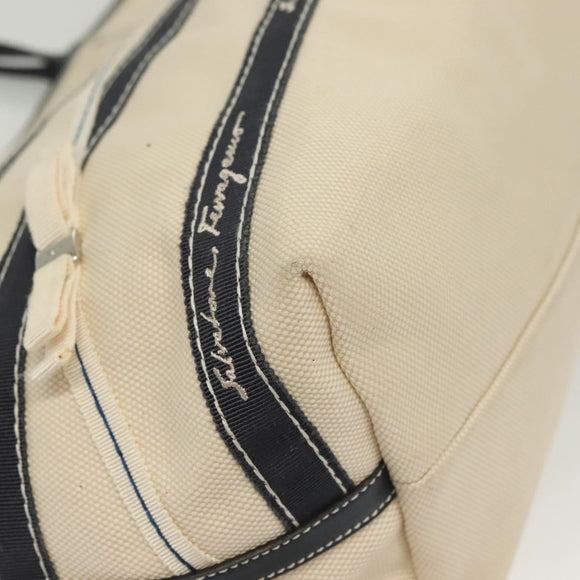 Salvatore Ferragamo Vala Vala Tote Bag Canvas Beige Navy Silver Auth BA4763