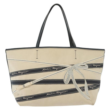 Salvatore Ferragamo Vala Vala Tote Bag Canvas Beige Navy Silver Auth BA4763 - 0