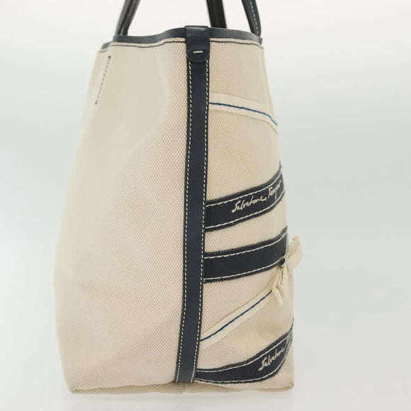 Salvatore Ferragamo Vala Vala Tote Bag Canvas Beige Navy Silver Auth BA4763