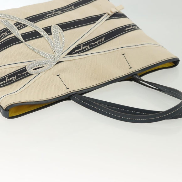 Salvatore Ferragamo Vala Vala Tote Bag Canvas Beige Navy Silver Auth BA4763