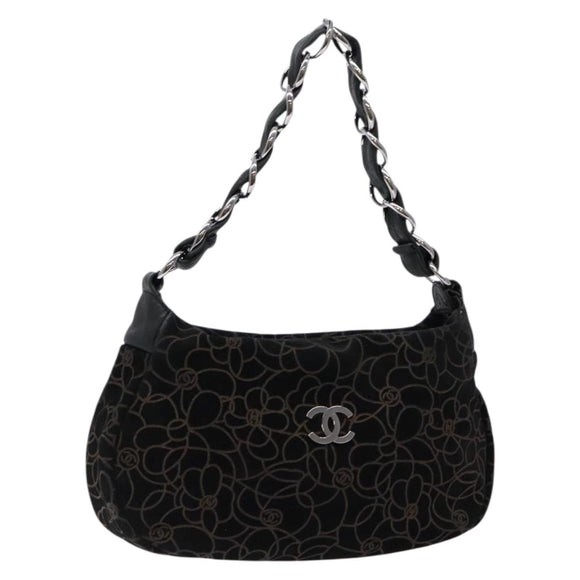 CHANEL Chain COCO Mark Camelia Shoulder Bag Suede Black Silver CC Auth BA4776
