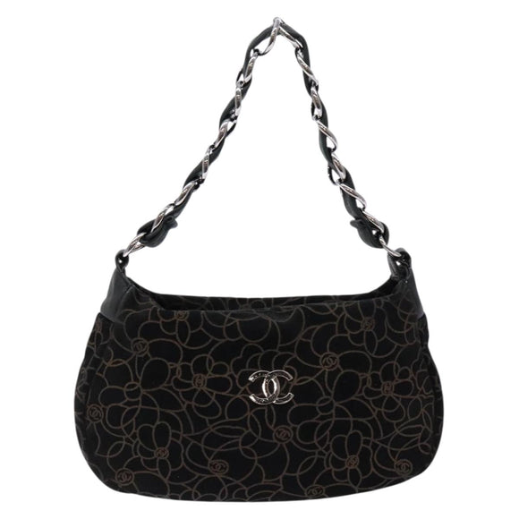 CHANEL Chain COCO Mark Camelia Shoulder Bag Suede Black Silver CC Auth BA4776