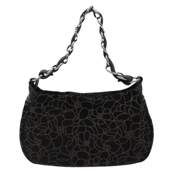 CHANEL Chain COCO Mark Camelia Shoulder Bag Suede Black Silver CC Auth BA4776