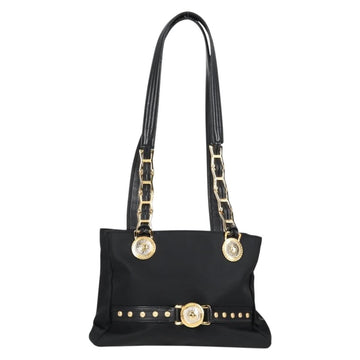 VERSACE Chain Shoulder Bag Nylon Black Gold Auth BA4795