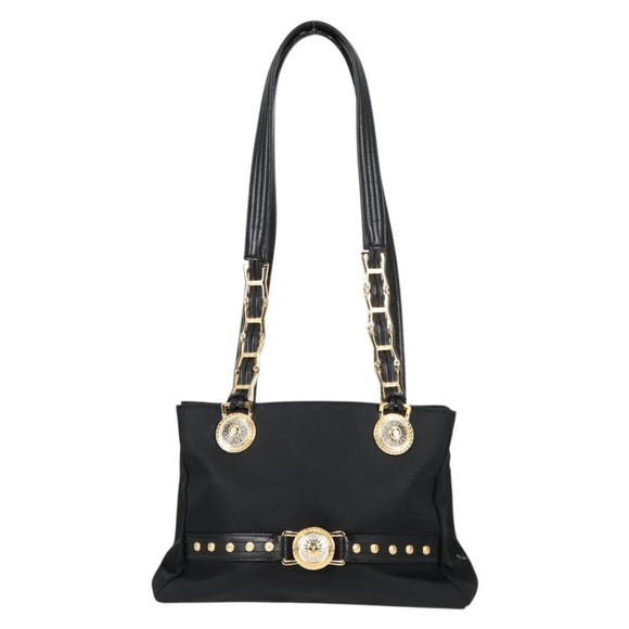 VERSACE Chain Shoulder Bag Nylon Black Gold Auth BA4795
