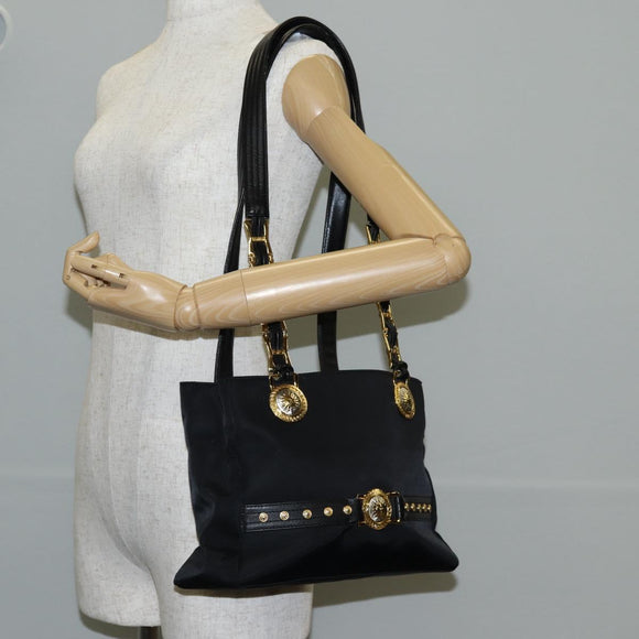 VERSACE Chain Shoulder Bag Nylon Black Gold Auth BA4795