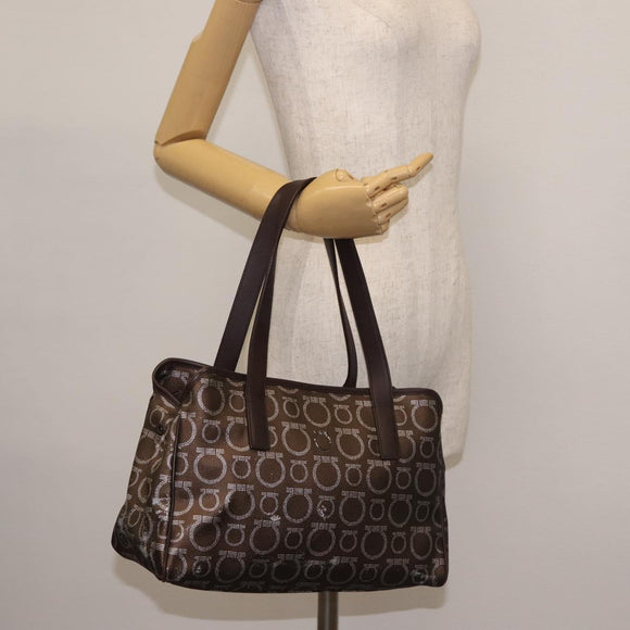 Salvatore Ferragamo Shoulder Bag PVC Leather Dark Brown Silver Auth BA4805