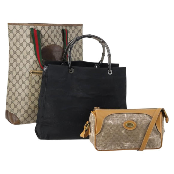 GUCCI GG Supreme Bamboo Shoulder Bag PVC 3Set Beige Black Auth BA4818