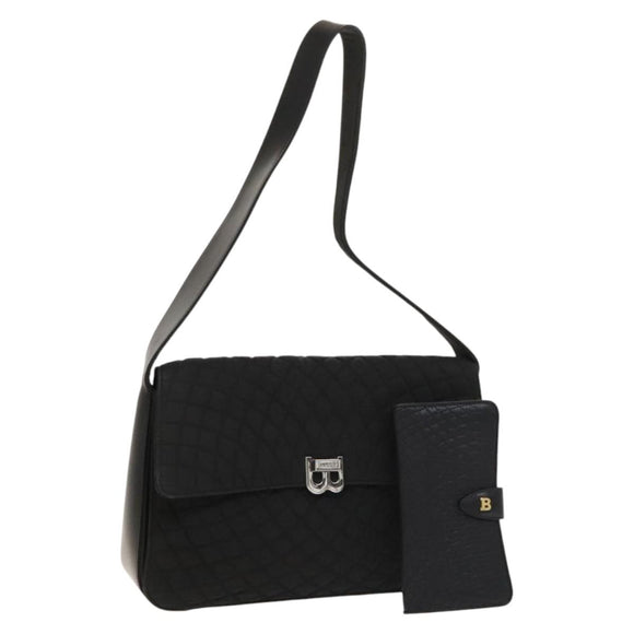 BALLY Quilted Shoulder Bag Leather 2 Set Black Auth BA4826