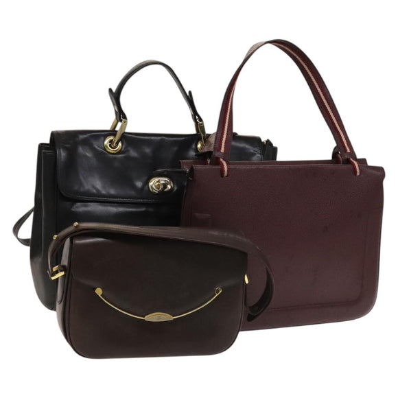 BALLY Shoulder Bag Leather 3Set Bordeaux Black Auth BA4827