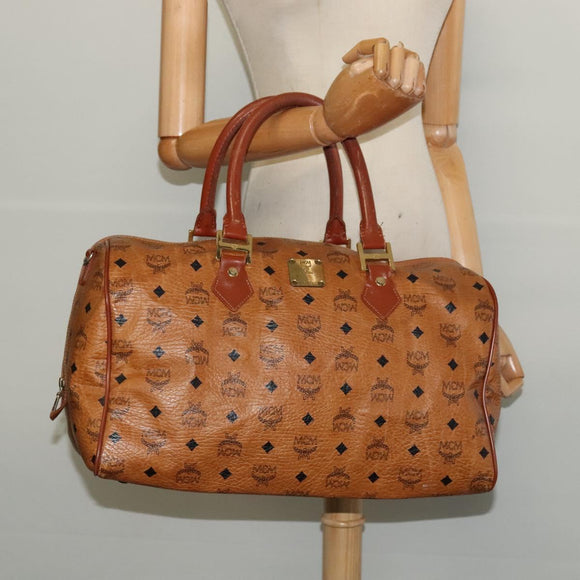 MCM Logogram Vicetos Boston Bag PVC Leather Brown Gold Auth BA4836