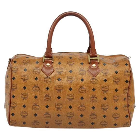 MCM Logogram Vicetos Boston Bag PVC Leather Brown Gold Auth BA4836