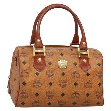 MCM Logogram Vicetos Boston Bag PVC Leather Brown Gold Auth BA4839