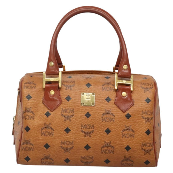 MCM Logogram Vicetos Boston Bag PVC Leather Brown Gold Auth BA4839