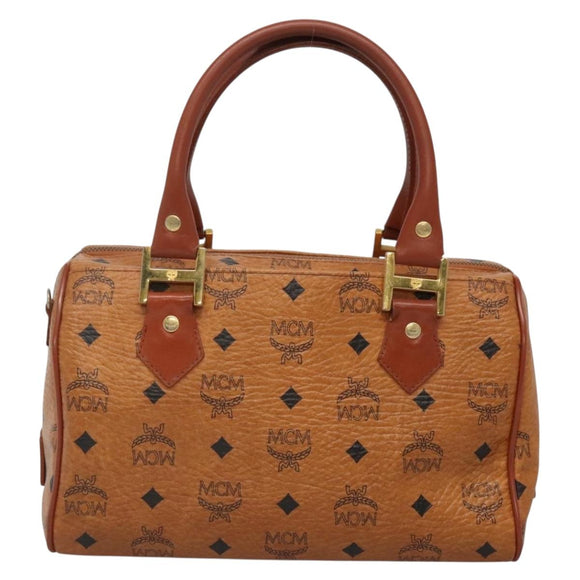 MCM Logogram Vicetos Boston Bag PVC Leather Brown Gold Auth BA4839