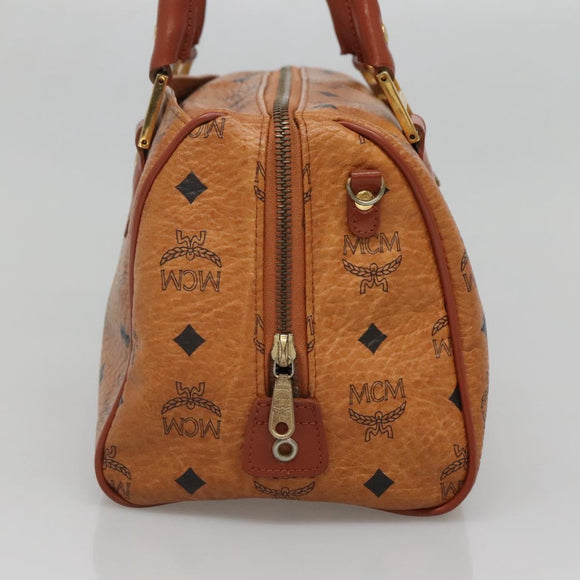 MCM Logogram Vicetos Boston Bag PVC Leather Brown Gold Auth BA4839