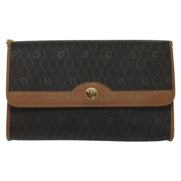 Christian Dior Honeycomb Canvas Chain Shoulder Bag PVC Black Gold Auth BA4863