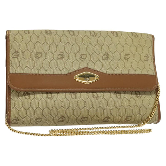 Christian Dior Honeycomb Canvas Chain Shoulder Bag PVC Beige Gold Auth BA4864