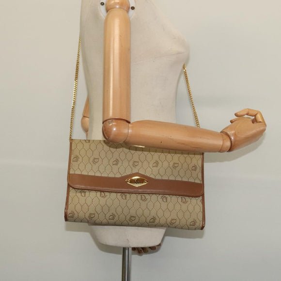 Christian Dior Honeycomb Canvas Chain Shoulder Bag PVC Beige Gold Auth BA4864