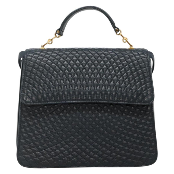 BALLY Hand Bag Leather 2way Navy Gold Auth BA4873